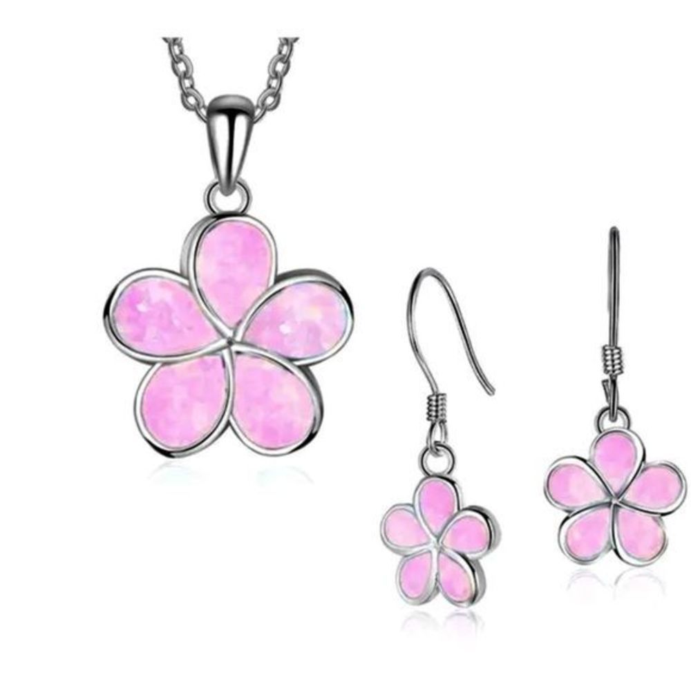 Pink opal ON SILVER CHERRY BLOSSOM NECKLACE AND EARRINGS